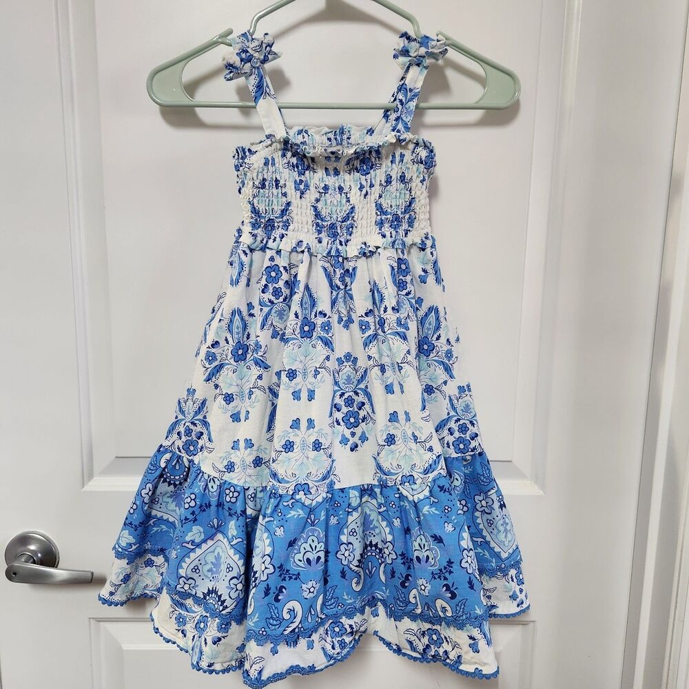 Haute Hippie Girls Blue White Floral Sundress Size 3-4 Boho Summer Ruffle Dress